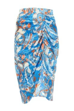 Curve Blue Satin Aztec Print Ruched Midi Skirt