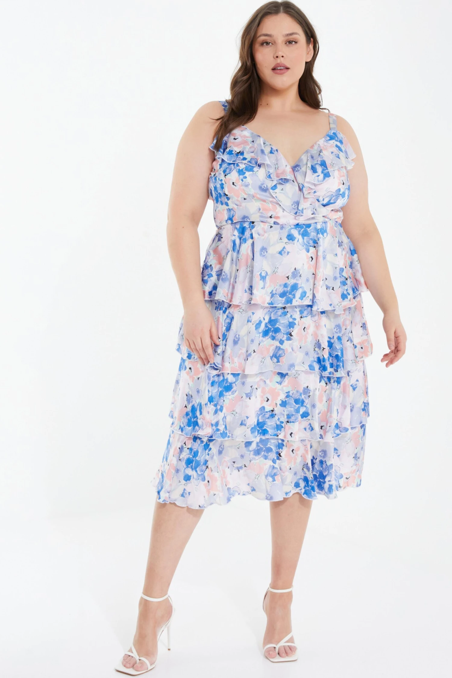 Curve Blue Chiffon Floral Tiered Midi Dress 4 Curve Blue Chiffon Floral Tiered Midi Dress - Image 2