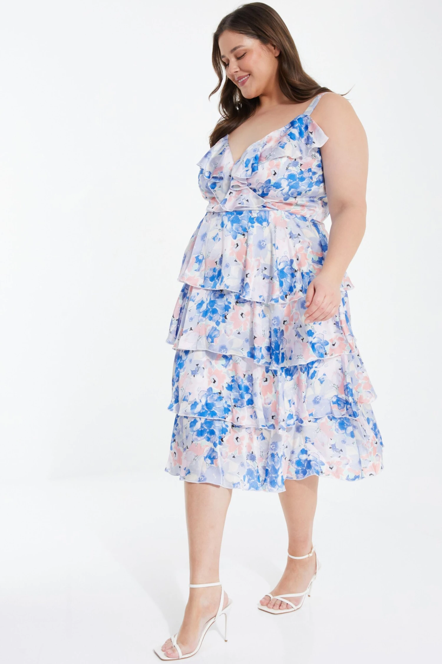 Curve Blue Chiffon Floral Tiered Midi Dress 6 Curve Blue Chiffon Floral Tiered Midi Dress - Image 4