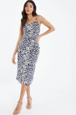 Navy Animal Print Wrap Midi Dress -Deals Clothifyr Store 00100037455 XM