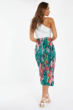 Green Satin Marble Print Ruched Midi Skirt -Deals Clothifyr Store 00100037460 XB