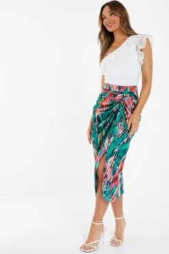 Green Satin Marble Print Ruched Midi Skirt -Deals Clothifyr Store 00100037460 XS