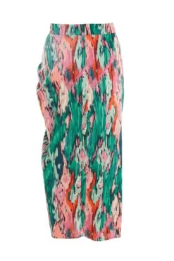 Green Satin Marble Print Ruched Midi Skirt -Deals Clothifyr Store 00100037460 ZB