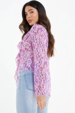 Lilac Chiffon Animal Print Frill Blouse -Deals Clothifyr Store 00100037470 XB