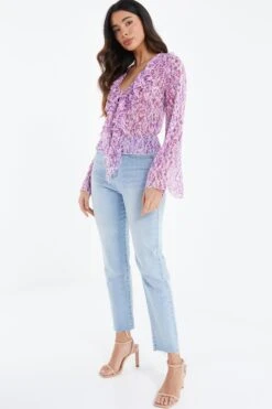Lilac Chiffon Animal Print Frill Blouse -Deals Clothifyr Store 00100037470 XS