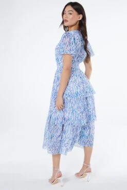 Blue Floral Tiered Wrap Midi Dress -Deals Clothifyr Store 00100037596 XB