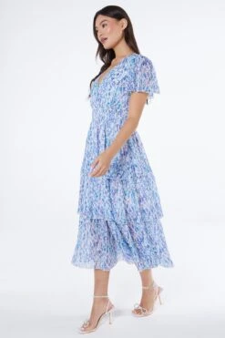 Blue Floral Tiered Wrap Midi Dress -Deals Clothifyr Store 00100037596 XS