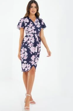 Petite Navy Floral Wrap Midi Dress -Deals Clothifyr Store 00100037688 XS
