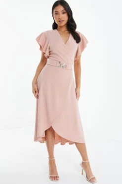 Petite Pink Wrap Dip Hem Midi Dress 9 Petite Pink Wrap Dip Hem Midi Dress -Deals Clothifyr Store 00100037689 XM