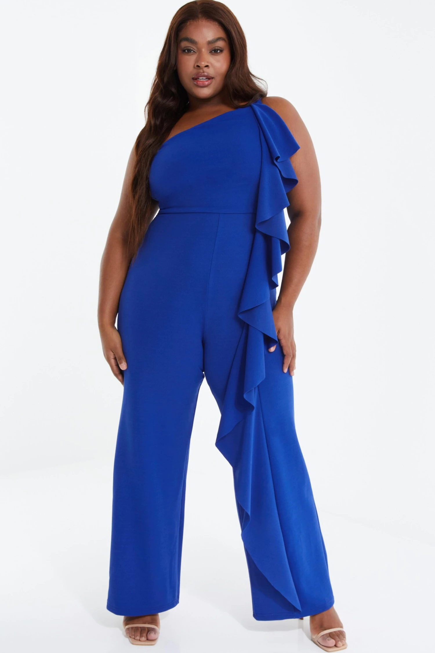 Curve Royal Blue One Shoulder Frill Palazzo Jumpsuit 4 Curve Royal Blue One Shoulder Frill Palazzo Jumpsuit - Image 2