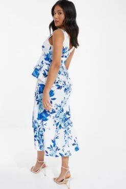 Petite Blue Floral Dip Hem Frill Midi Dress -Deals Clothifyr Store 00100037691 XB