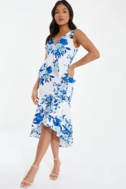 Petite Blue Floral Dip Hem Frill Midi Dress -Deals Clothifyr Store 00100037691 XS