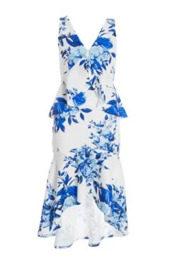 Petite Blue Floral Dip Hem Frill Midi Dress