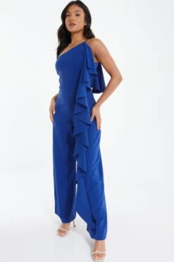 Petite Royal Blue One Shoulder Frill Palazzo Jumpsuit -Deals Clothifyr Store 00100037692 XS