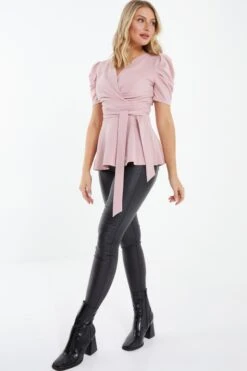Light Pink Puff Sleeve Peplum Top -Deals Clothifyr Store 00100037694 XS