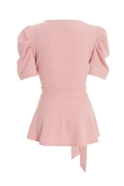Light Pink Puff Sleeve Peplum Top -Deals Clothifyr Store 00100037694 ZB