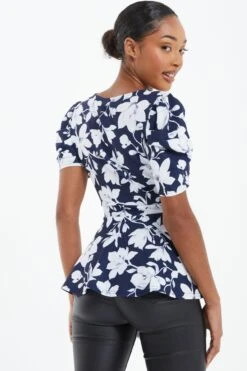 Navy Floral Puff Sleeve Peplum Top -Deals Clothifyr Store 00100037695 XB