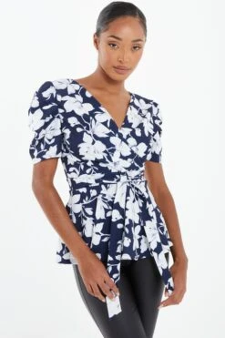 Navy Floral Puff Sleeve Peplum Top -Deals Clothifyr Store 00100037695 XM