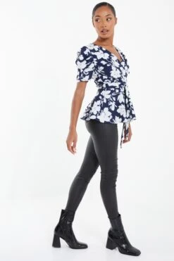 Navy Floral Puff Sleeve Peplum Top -Deals Clothifyr Store 00100037695 XS