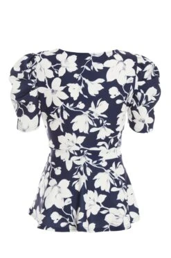 Navy Floral Puff Sleeve Peplum Top -Deals Clothifyr Store 00100037695 ZB