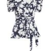Navy Floral Puff Sleeve Peplum Top -Deals Clothifyr Store 00100037695 ZM