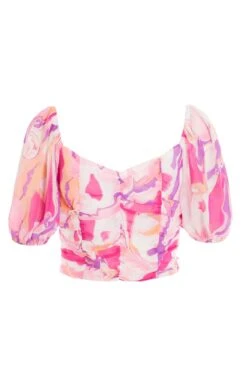 Pink Satin Marble Print Lace Up Crop Top -Deals Clothifyr Store 00100037703 ZB