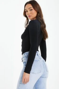 Black Ruched High Neck Top -Deals Clothifyr Store 00100037721 XB
