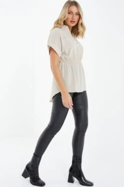 Stone Button Ruched Blouse -Deals Clothifyr Store 00100037722 XS