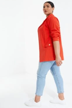 Curve Orange Ruched Sleeve Blazer -Deals Clothifyr Store 00100037731 XS