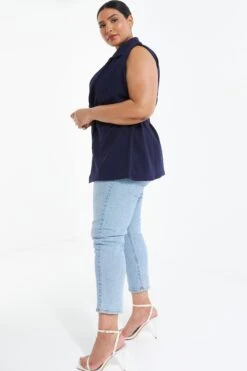 Curve Navy Sleeveless Blazer -Deals Clothifyr Store 00100037732 XS
