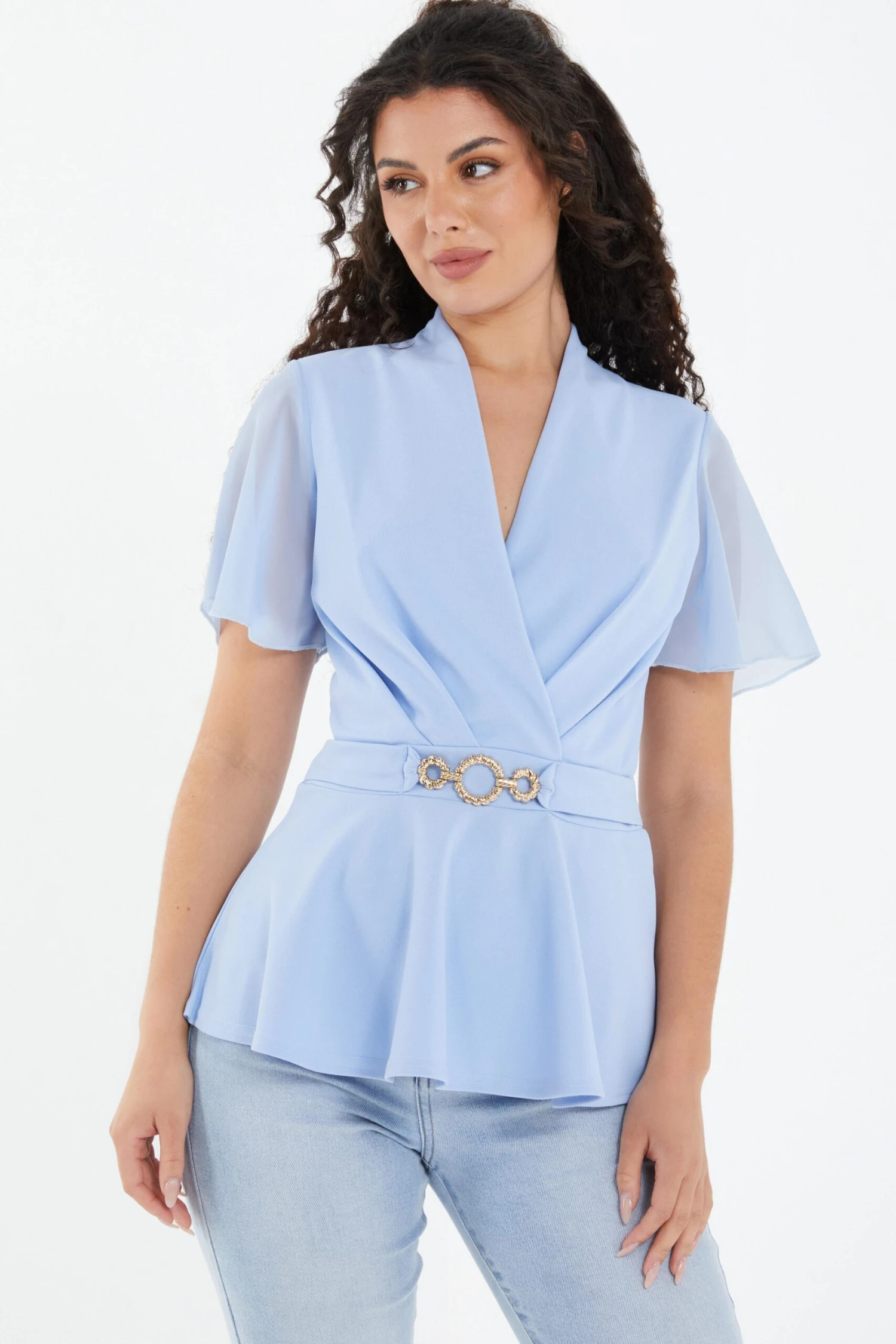 Light Blue Chiffon Sleeve Peplum Top 4 Light Blue Chiffon Sleeve Peplum Top - Image 2