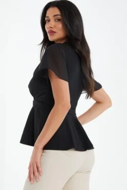 Black Chiffon Sleeve Peplum Top -Deals Clothifyr Store 00100037772 XB