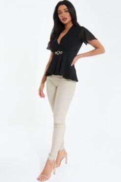 Black Chiffon Sleeve Peplum Top -Deals Clothifyr Store 00100037772 XS