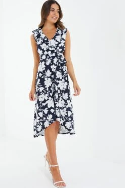 Petite Navy Floral Dip Hem Midi Dress -Deals Clothifyr Store 00100037780 XS