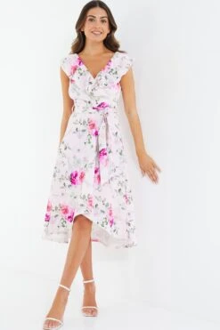 Petite Light Pink Floral Dip Hem Midi Dress -Deals Clothifyr Store 00100037791 XS
