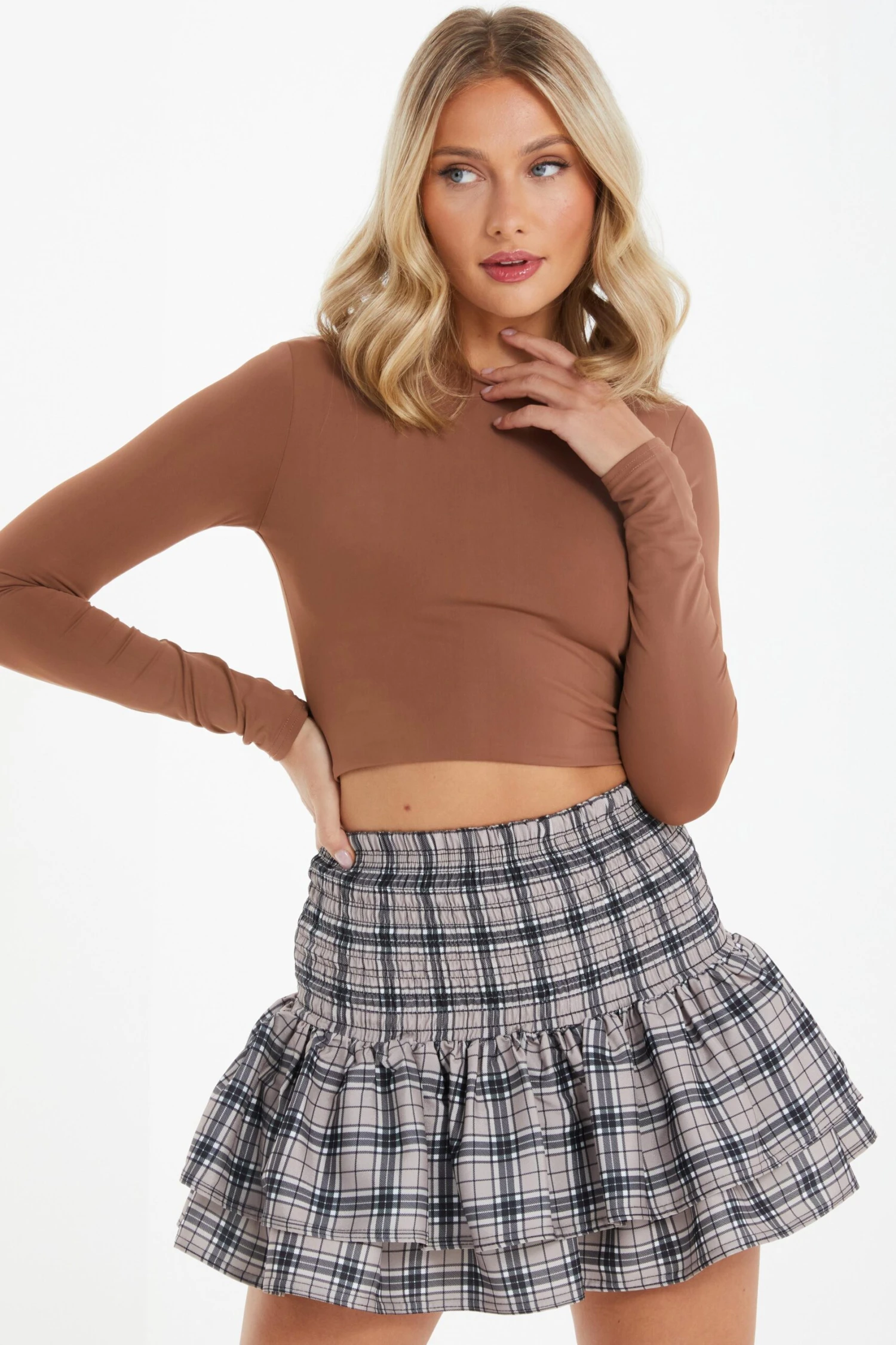Stone Check Print Ruched Frill Mini Skirt 4 Stone Check Print Ruched Frill Mini Skirt - Image 2