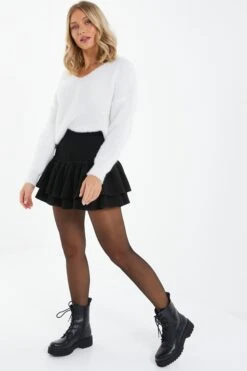 Black Ruched Frill Mini Skirt -Deals Clothifyr Store 00100037833 XS