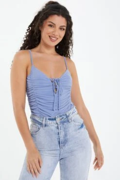 Pale Blue Lace Up Ruched Bodysuit -Deals Clothifyr Store 00100037883 XM
