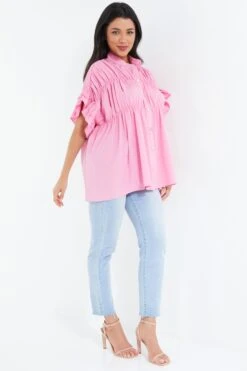Pink Button Ruched Blouse -Deals Clothifyr Store 00100037995 XS