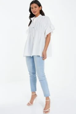 White Button Ruched Blouse -Deals Clothifyr Store 00100037996 XS