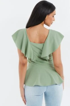 Sage Frill Sleeve Buckle Peplum Top -Deals Clothifyr Store 00100038058 XB