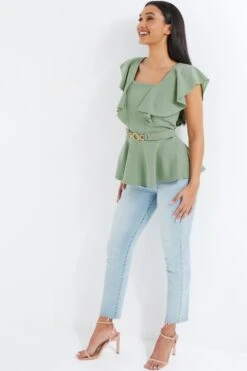 Sage Frill Sleeve Buckle Peplum Top -Deals Clothifyr Store 00100038058 XS