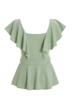 Sage Frill Sleeve Buckle Peplum Top -Deals Clothifyr Store 00100038058 ZB