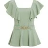 Sage Frill Sleeve Buckle Peplum Top -Deals Clothifyr Store 00100038058 ZM