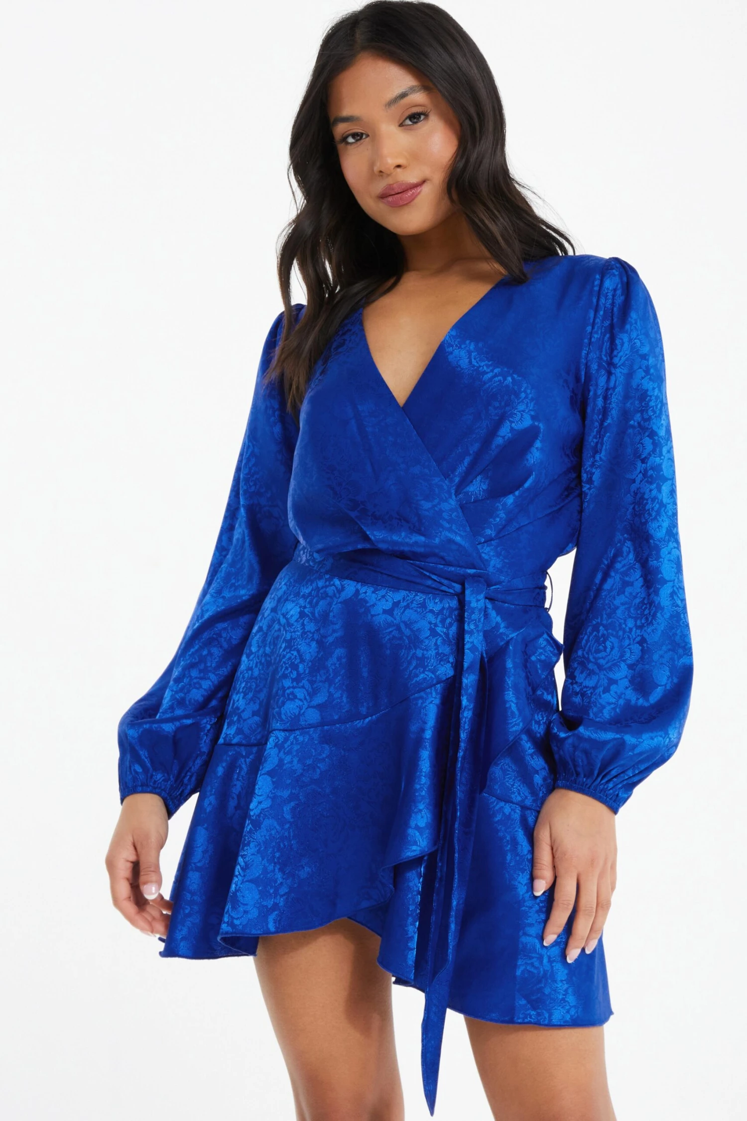 Petite Royal Blue Satin Jacquard Floral Mini Dress 4 Petite Royal Blue Satin Jacquard Floral Mini Dress - Image 2