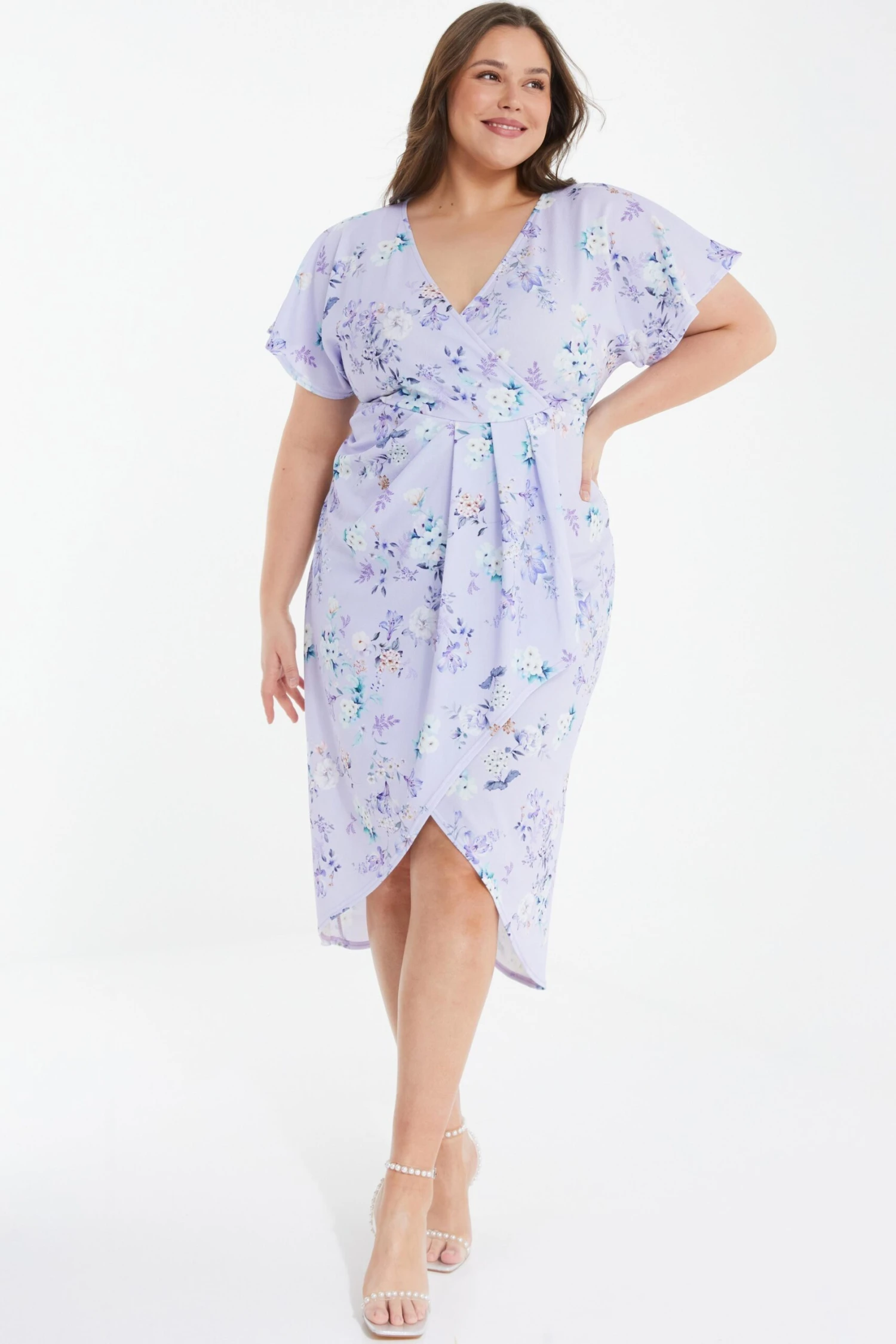 Curve Lilac Floral Wrap Midi Dress 4 Curve Lilac Floral Wrap Midi Dress - Image 2