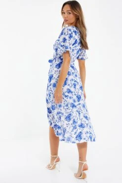 White Floral Wrap Dip Hem Midi Dress 10 White Floral Wrap Dip Hem Midi Dress -Deals Clothifyr Store 00100038245 XB