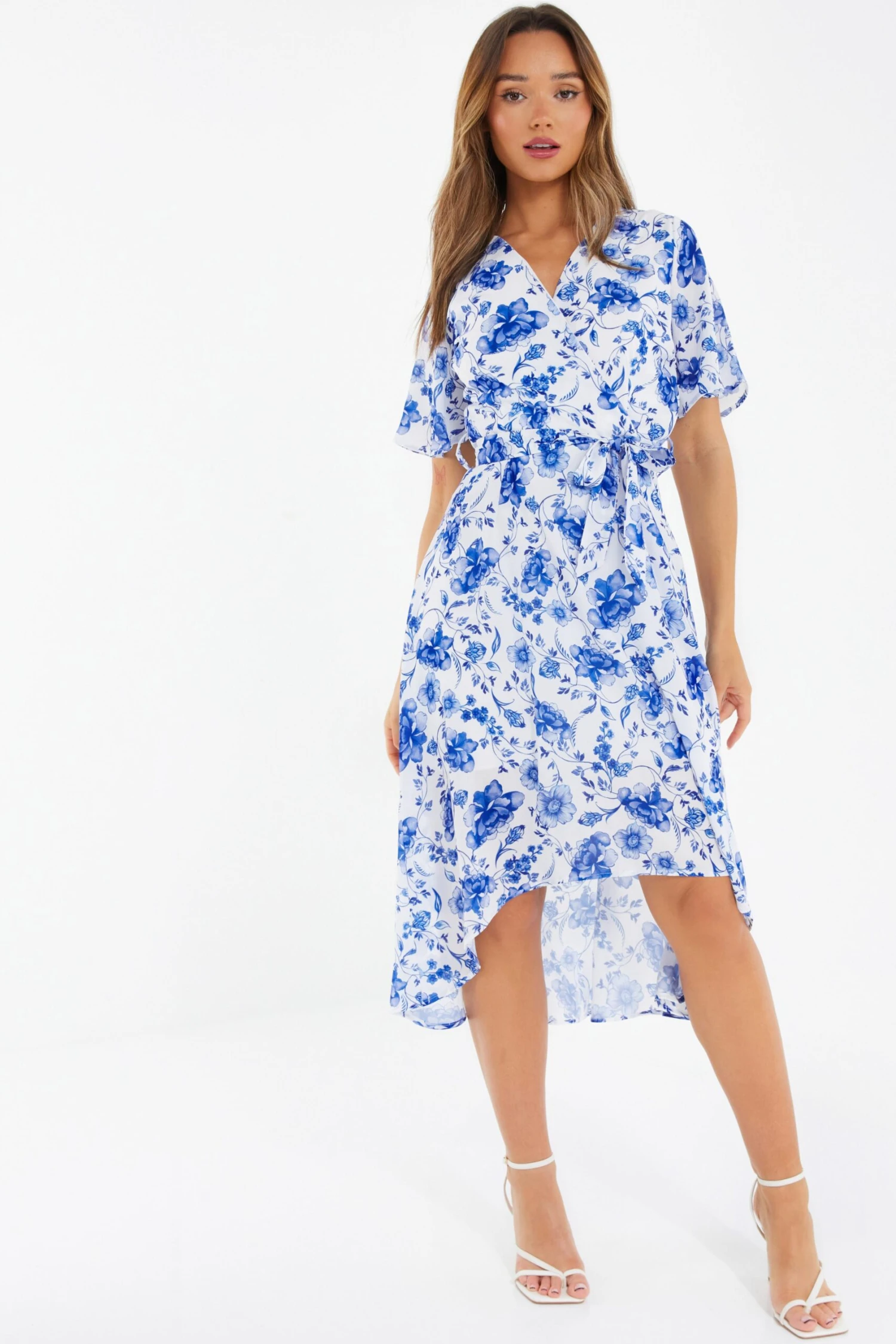 White Floral Wrap Dip Hem Midi Dress 4 White Floral Wrap Dip Hem Midi Dress - Image 2