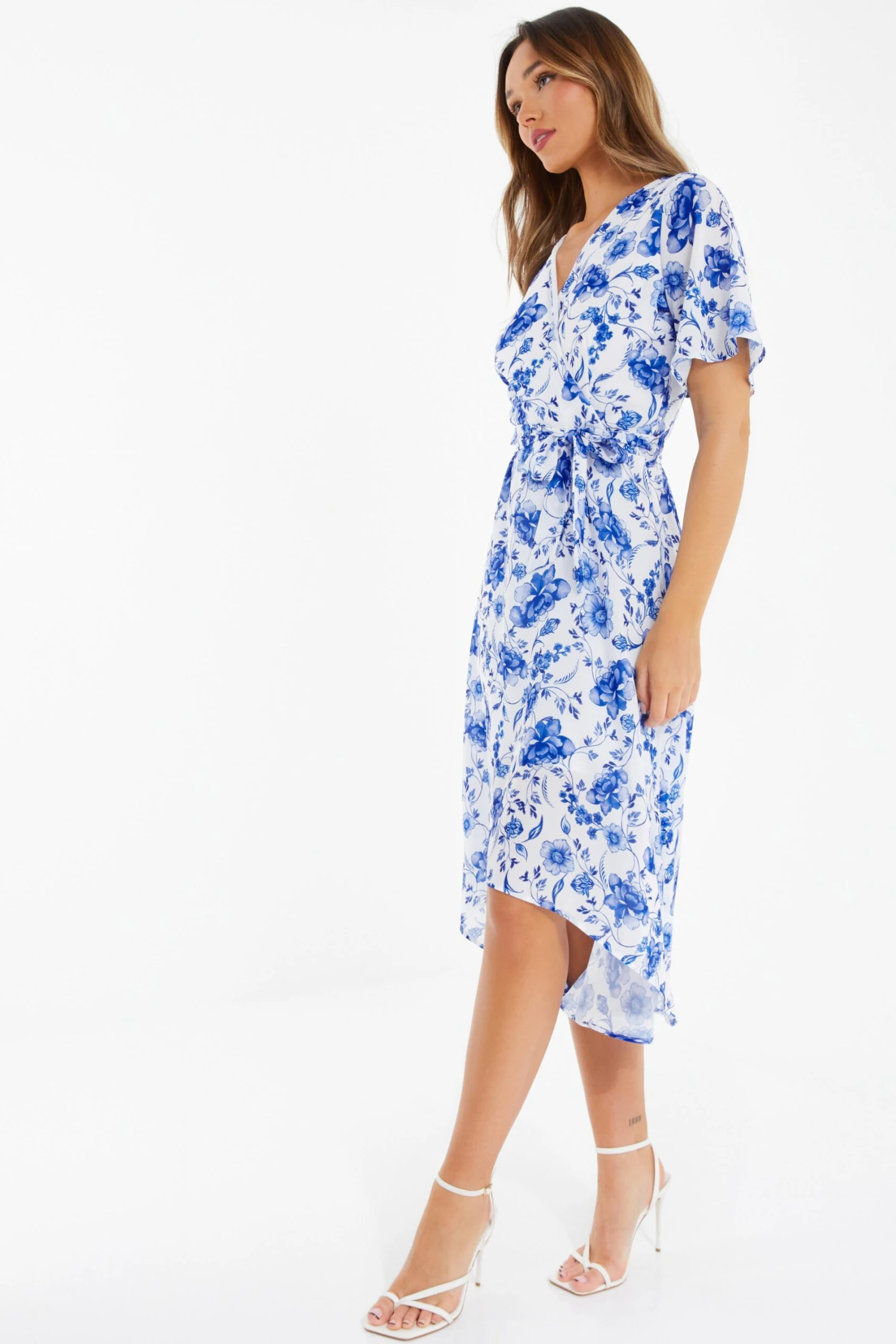 White Floral Wrap Dip Hem Midi Dress 6 White Floral Wrap Dip Hem Midi Dress - Image 4