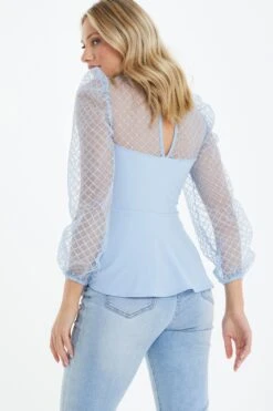 Light Blue Mesh Peplum Top -Deals Clothifyr Store 00100038321 XB